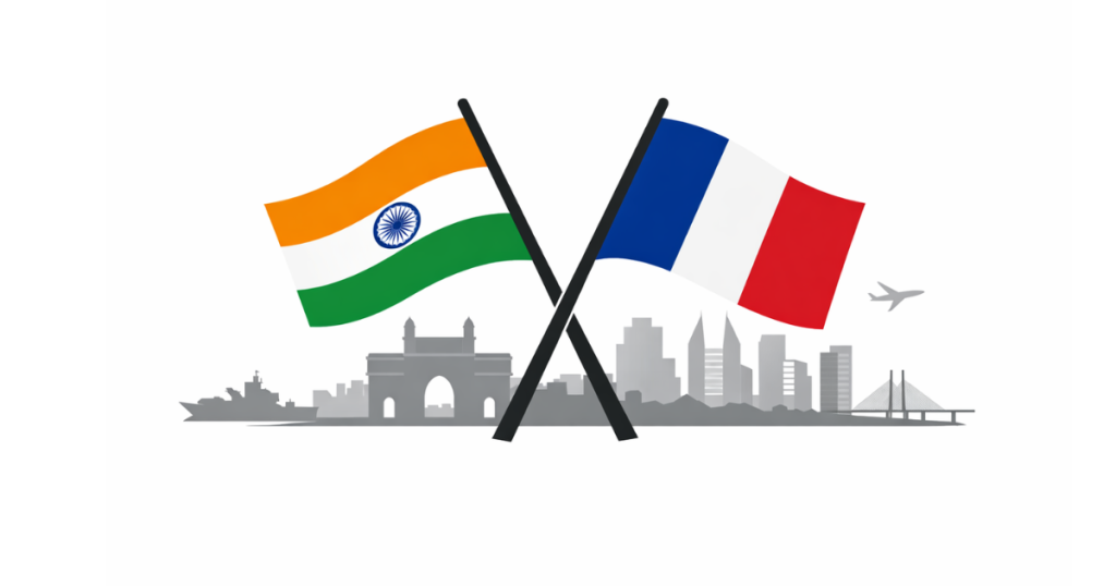 Indian and French flags displayed against the Mumbai skyline, symbolising the India-France Special Global Strategic Partnership announced at the Modi-Macron summit in Mumbai.