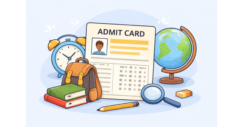 Simple illustration showing a board exam admit card placed with school items like books, backpack, clock, globe, pencil, and magnifying glass.