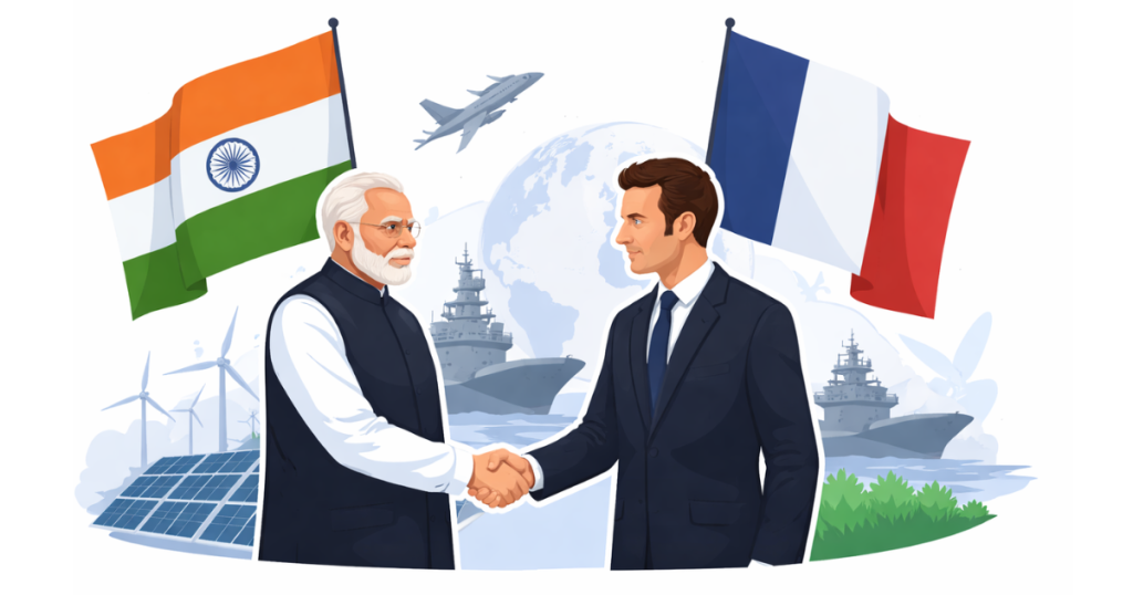 Indian Prime Minister Narendra Modi and French President Emmanuel Macron shaking hands during a bilateral meeting focused on defence and technology cooperation.