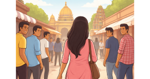 Simple illustration of a woman walking on a public street near a temple, highlighting public safety and everyday urban life in India.