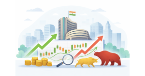 Indian stock market overview showing upward and downward trends with Sensex and Nifty indicators in a clean financial illustration
