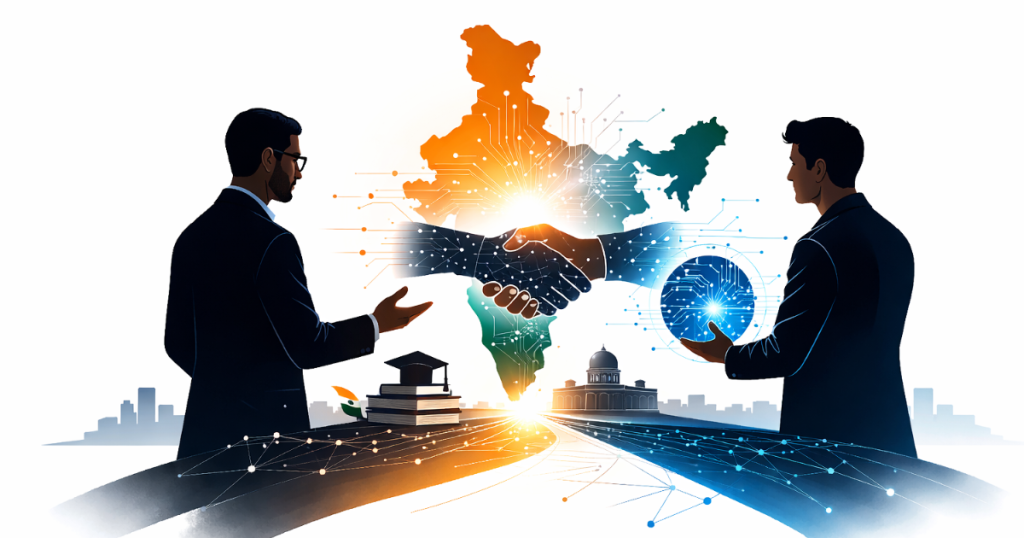 Sundar Pichai and Sam Altman speaking on stage at the India AI Impact Summit 2026 in New Delhi, with a large digital AI-themed backdrop behind them.