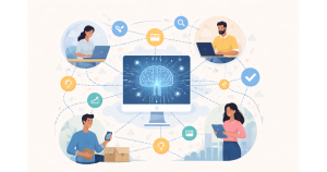 Illustration showing artificial intelligence connecting people to digital work through an online hiring platform