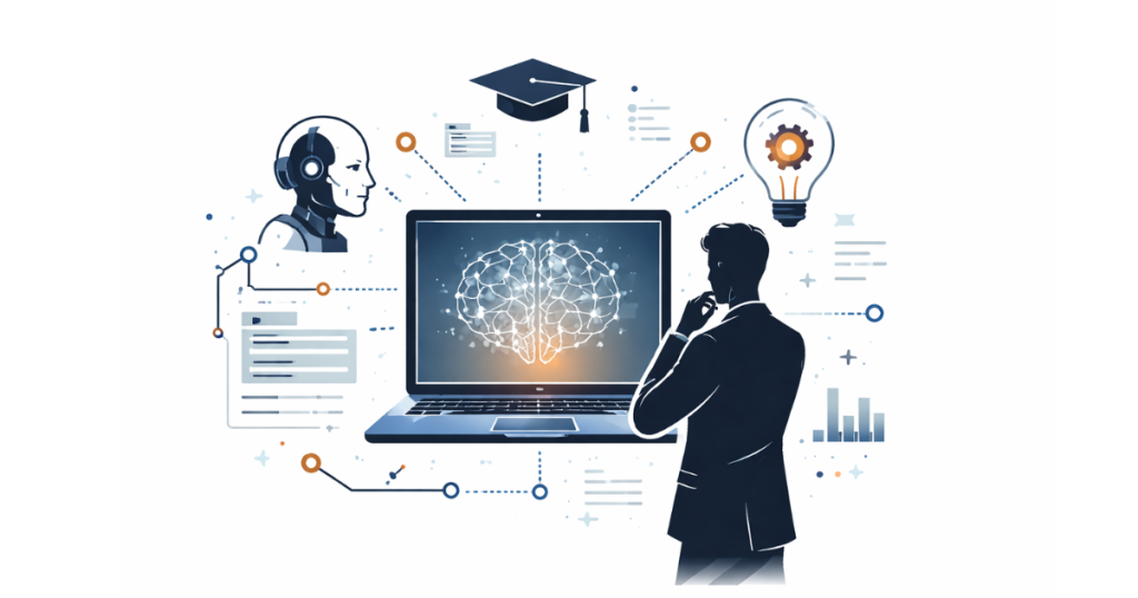 Students and professors in a modern Indian university classroom using laptops with AI interface visuals, representing AI education and OpenAI partnership in higher education.