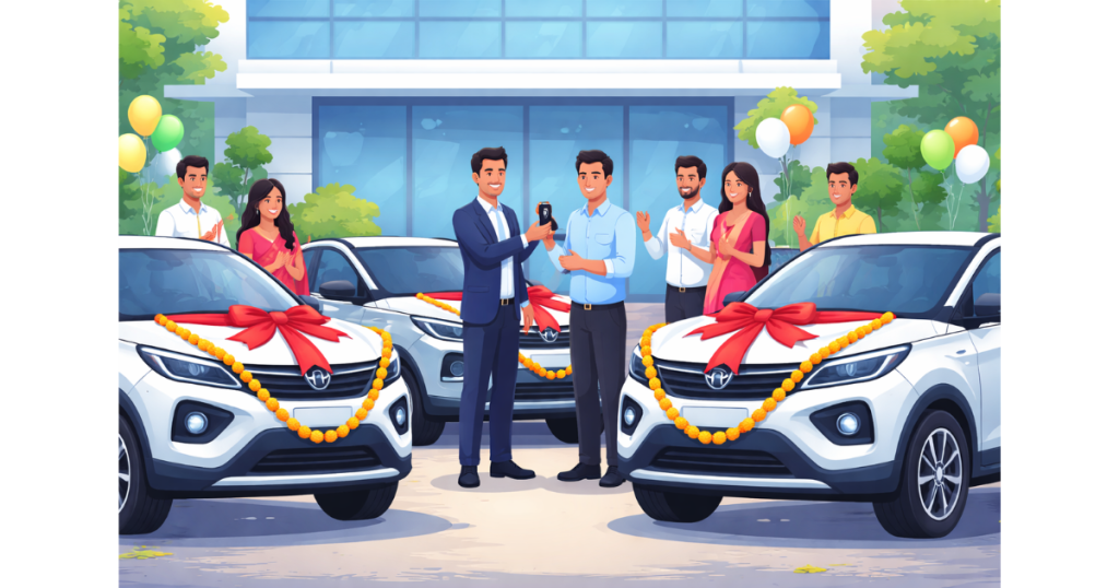 Employees standing beside new Tata Nexon EV cars during a company gifting event in Indore