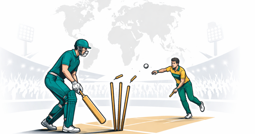 South African and UAE cricketers shake hands after a tense T20 World Cup 2026 group-stage match, with a packed stadium in the background.