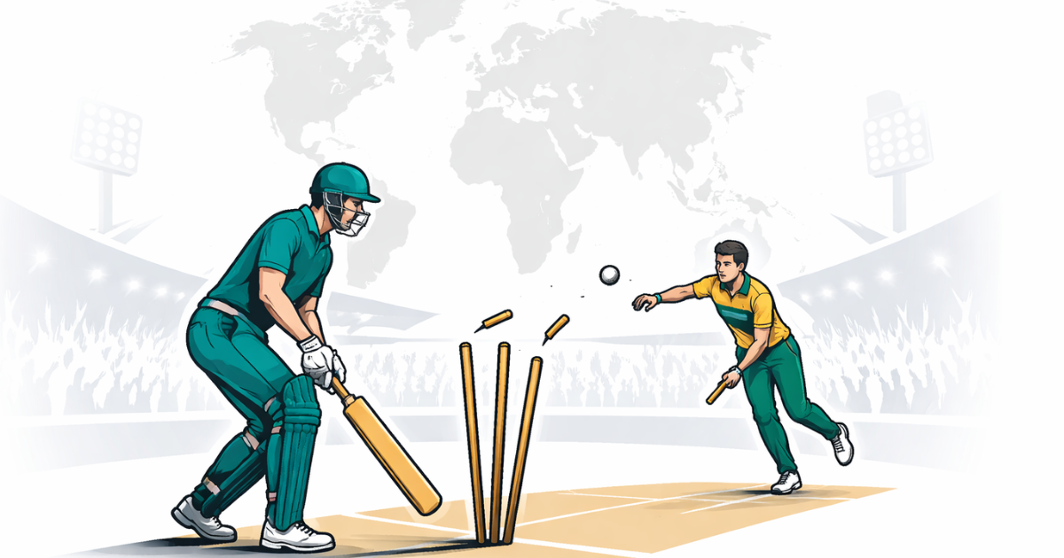 South African and UAE cricketers shake hands after a tense T20 World Cup 2026 group-stage match, with a packed stadium in the background.