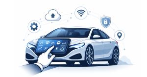 A modern car interior featuring a large digital touchscreen dashboard interface, symbolising the shift toward software-defined vehicles and connected driving technology in India.