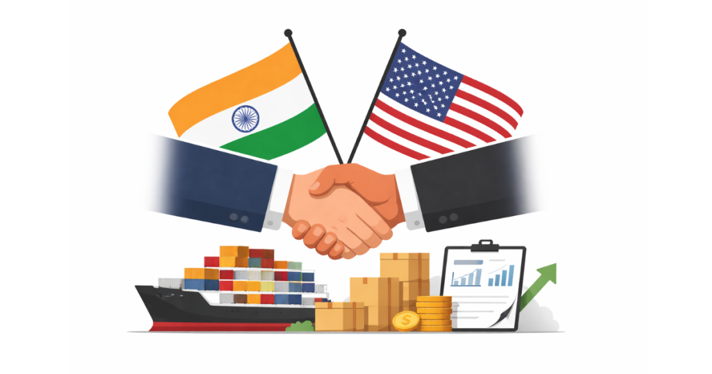 Indian and US flags placed side by side during a formal bilateral trade meeting in Washington, symbolising ongoing negotiations on the India-US trade deal.