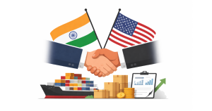 Indian and US flags placed side by side during a formal bilateral trade meeting in Washington, symbolising ongoing negotiations on the India-US trade deal.