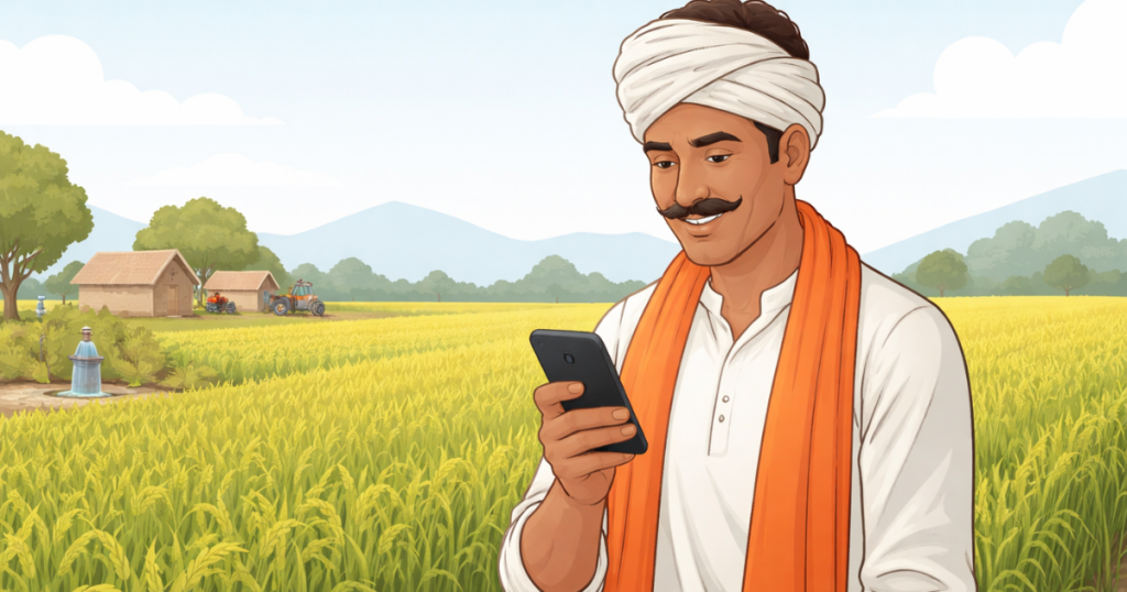 Farmer using a smartphone in a field while checking PM Kisan installment beneficiary status online