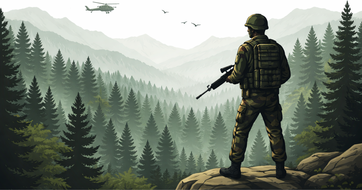 Security personnel conducting patrol operations in the mountainous forest regions of Jammu and Kashmir amid heightened counter-insurgency efforts.