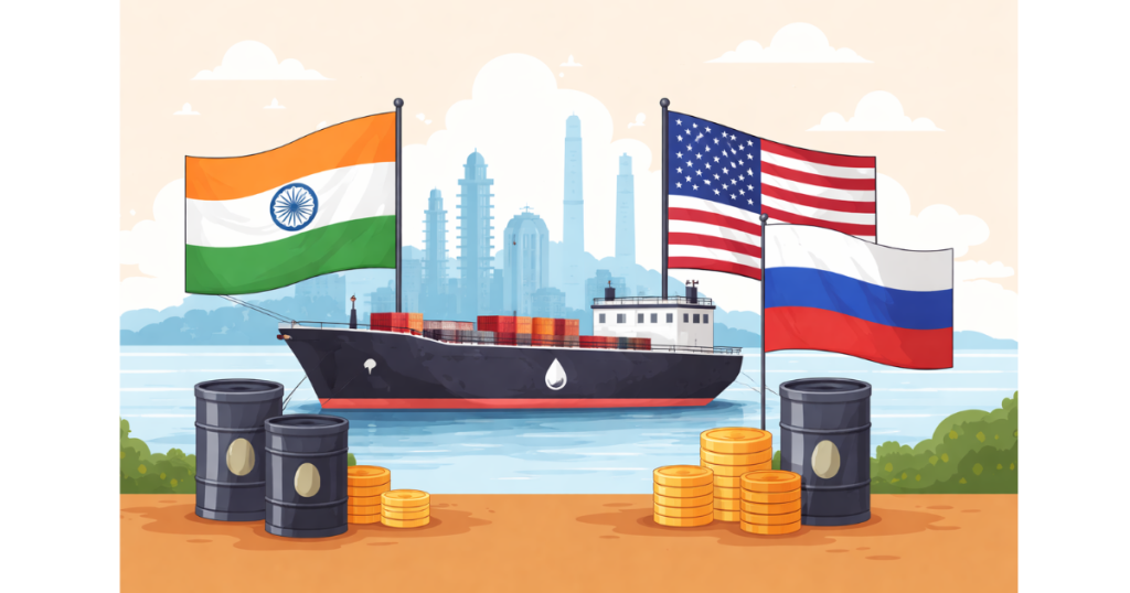 Simple illustration showing oil barrels and fuel storage tanks with subtle elements representing India and the United States, symbolizing global energy trade and oil supply.