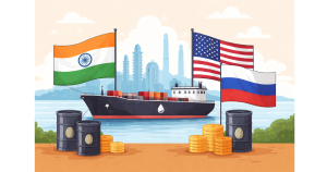 Simple illustration showing oil barrels and fuel storage tanks with subtle elements representing India and the United States, symbolizing global energy trade and oil supply.