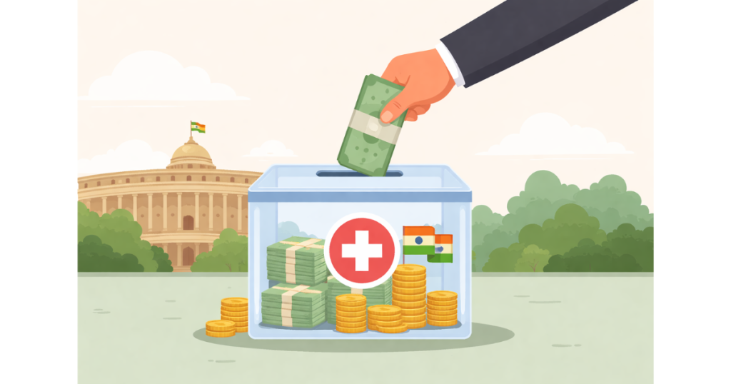 Illustration showing the Indian Parliament building with a subtle representation of documents and national security elements, symbolising the PM CARES transparency debate.