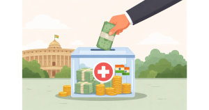 Illustration showing the Indian Parliament building with a subtle representation of documents and national security elements, symbolising the PM CARES transparency debate.