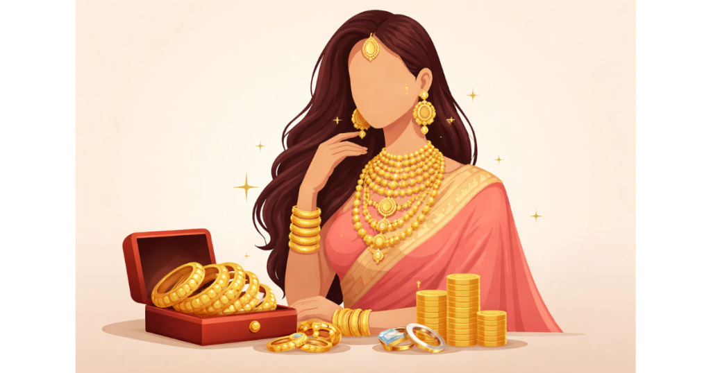 Illustration of an affluent Indian woman wearing heavy gold jewellery, symbolising luxury and elite lifestyle featured in Netflix’s Desi Bling.