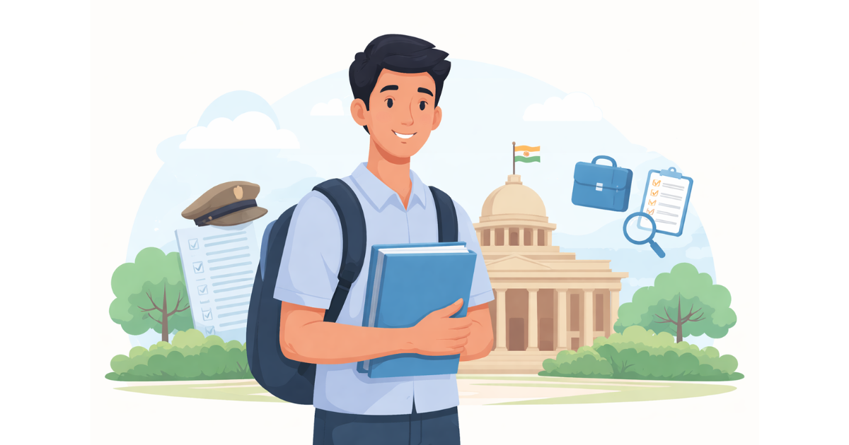 Simple illustration showing young job aspirants looking at official government buildings and exam documents, representing government job opportunities in 2026.
