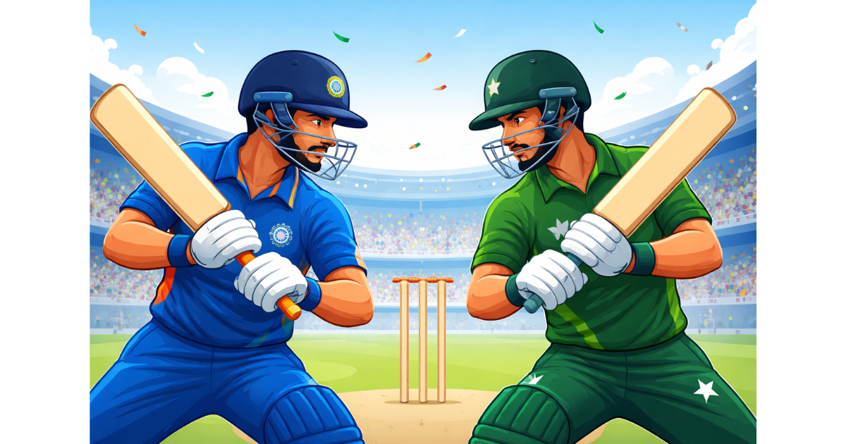 Simple illustration showing two cricket players facing each other, representing the India vs Pakistan T20 World Cup match, with a cricket stadium in the background.