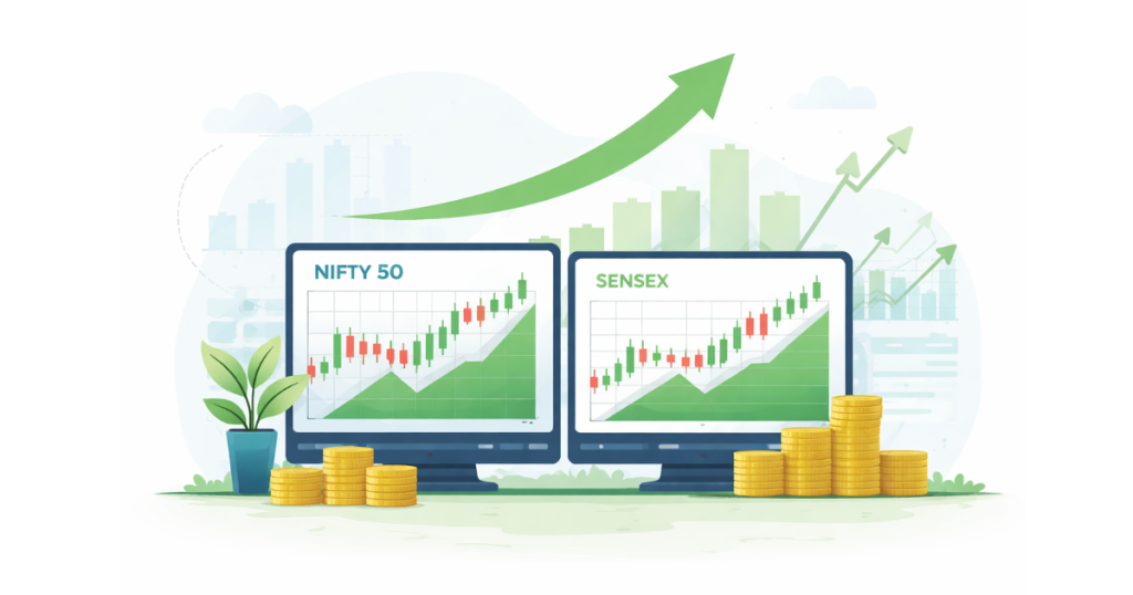Indian stock market trading screen showing Nifty 50 and Sensex indices moving upward with green trend indicators.