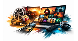 Minimal editorial illustration showing a film reel merging into a streaming screen, symbolizing new OTT and theatrical releases in India.