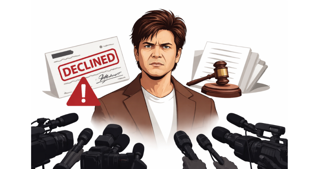 Rajpal Yadav at a public event with cameras in the background, representing news coverage of his cheque bounce legal case and industry support.