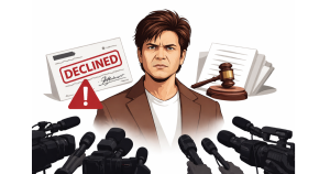 Rajpal Yadav at a public event with cameras in the background, representing news coverage of his cheque bounce legal case and industry support.