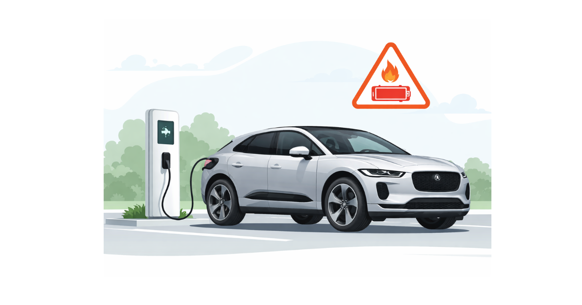 Jaguar electric SUV parked at a charging station with a service warning symbol, representing the Jaguar Land Rover EV recall over battery fire risk.