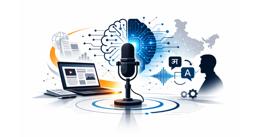 A modern conference hall at Bharat Mandapam with a large digital screen displaying AI graphics, as attendees watch a live technology demonstration during the India AI Impact Summit 2026.