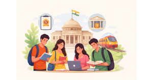 Government job recruitment illustration showing candidates preparing for SSC, banking, and railway exams in India.