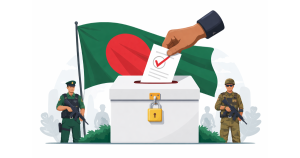 Voters standing in line outside a polling station in Dhaka during Bangladesh Elections 2026, with security personnel monitoring the area.