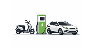 A simple illustration of an electric scooter and electric car with a charging station in the background, symbolising India’s EV subsidy policy under FAME-III for 2026-27.