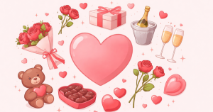 Simple Valentine’s Day illustration with a large pink heart in the center surrounded by roses, chocolates, a gift box, teddy bear, and champagne on a soft pastel background.