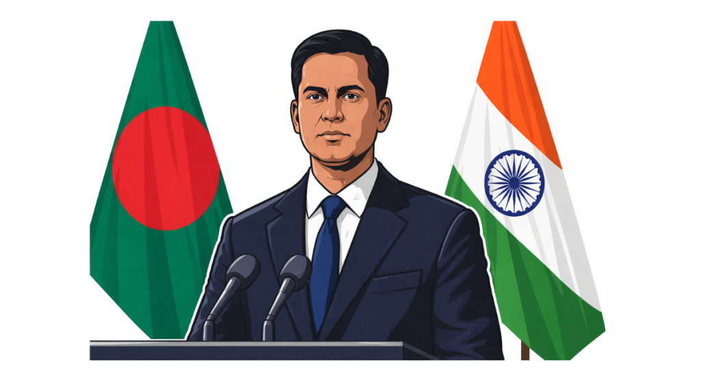 Tarique Rahman taking oath as Prime Minister of Bangladesh during an official swearing-in ceremony, with national flags in the background, symbolizing political transition and regional diplomatic impact.