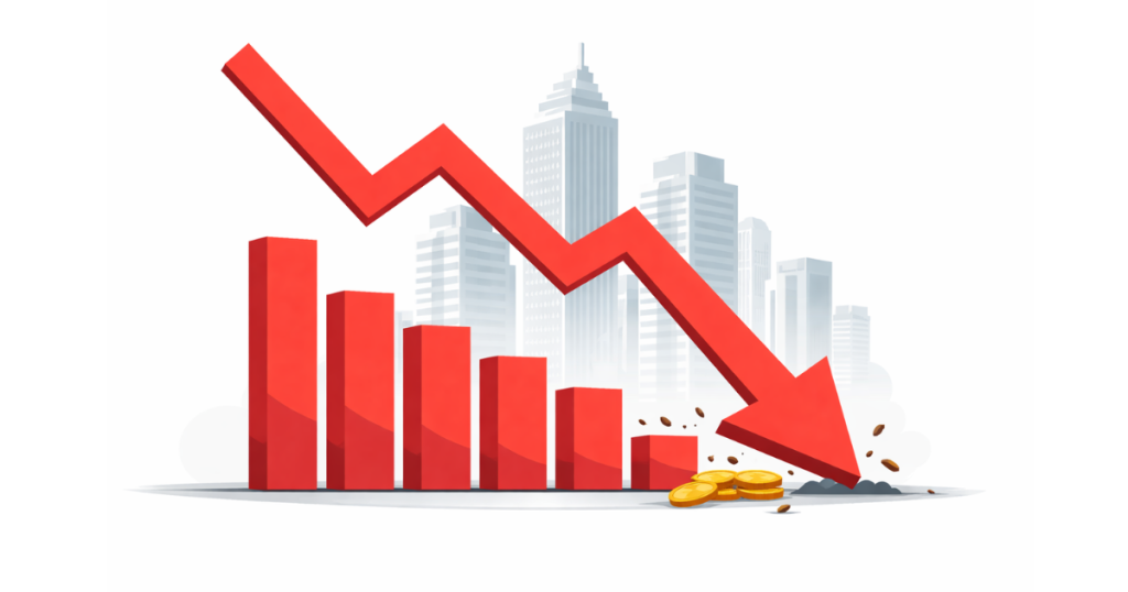 Stock market decline concept showing a falling red graph line with a downward arrow symbolising Sensex drop led by IT stocks.