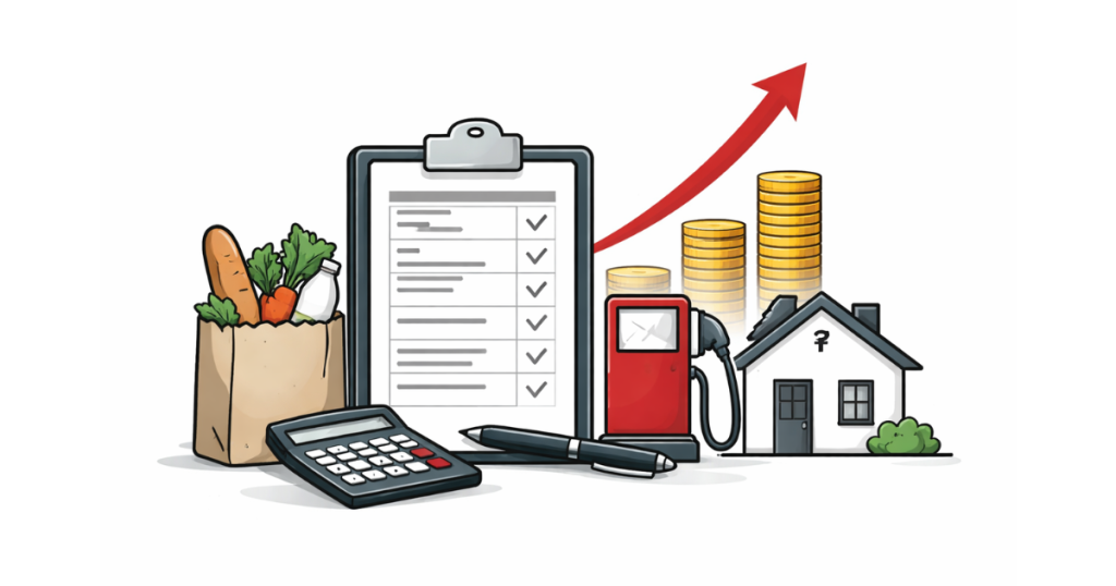 Illustration of a household budget sheet with grocery items, fuel pump icon, house rent symbol, and rising price arrows representing inflation changes in India.