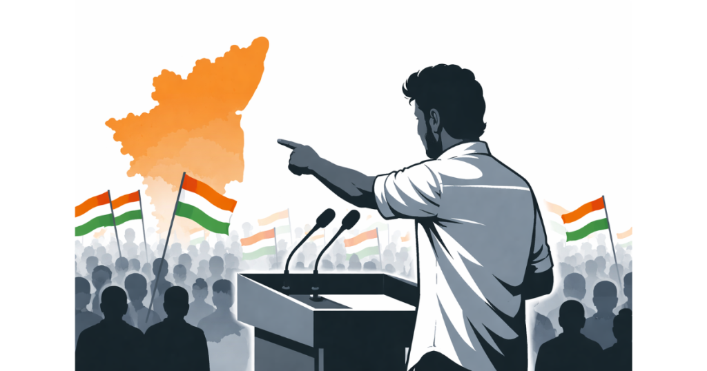 Thalapathy Vijay addressing a large public gathering during Tamilaga Vettri Kazhagam rally in Salem ahead of 2026 Tamil Nadu elections