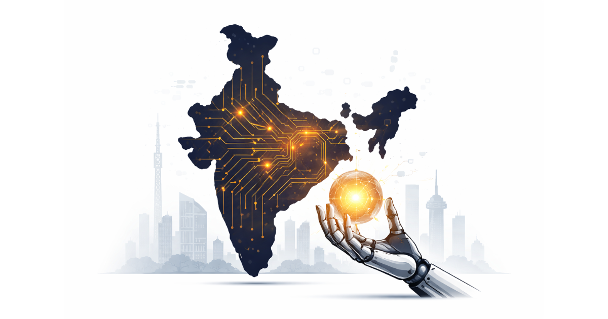 Minimal flat vector illustration of India’s map with glowing circuit lines and a robotic hand holding a bright digital sphere, symbolising artificial intelligence and India’s AI vision.