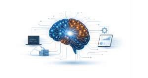 Conceptual illustration of artificial intelligence in 2026 showing a glowing AI brain connected to software code and data streams, symbolising the “Year of Truth” for AI and its impact on tech jobs.