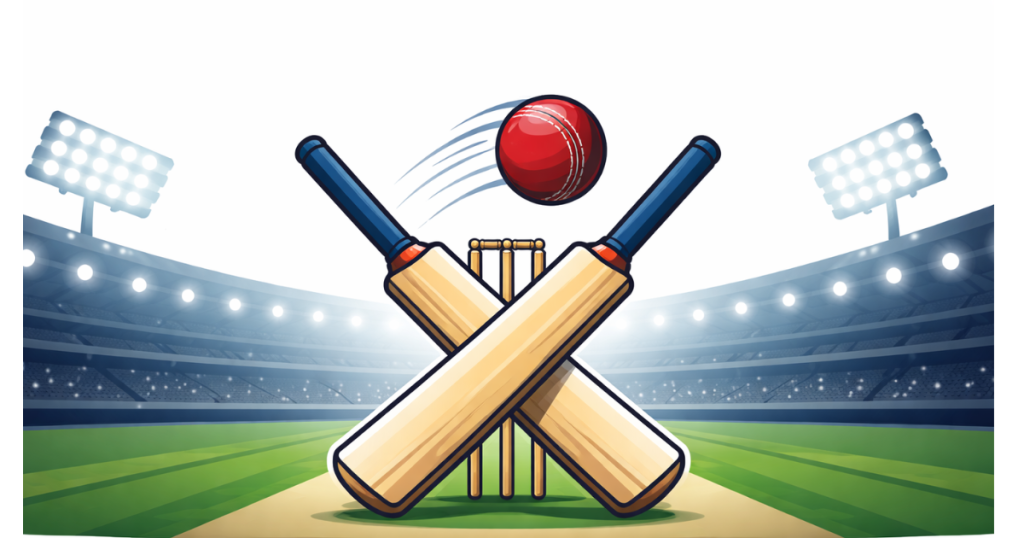 Minimal editorial illustration of a cricket stadium with two bats crossing and a ball in motion, symbolizing India’s key Super 8 matches against South Africa and West Indies in the T20 World Cup 2026.