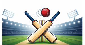 Minimal editorial illustration of a cricket stadium with two bats crossing and a ball in motion, symbolizing India’s key Super 8 matches against South Africa and West Indies in the T20 World Cup 2026.