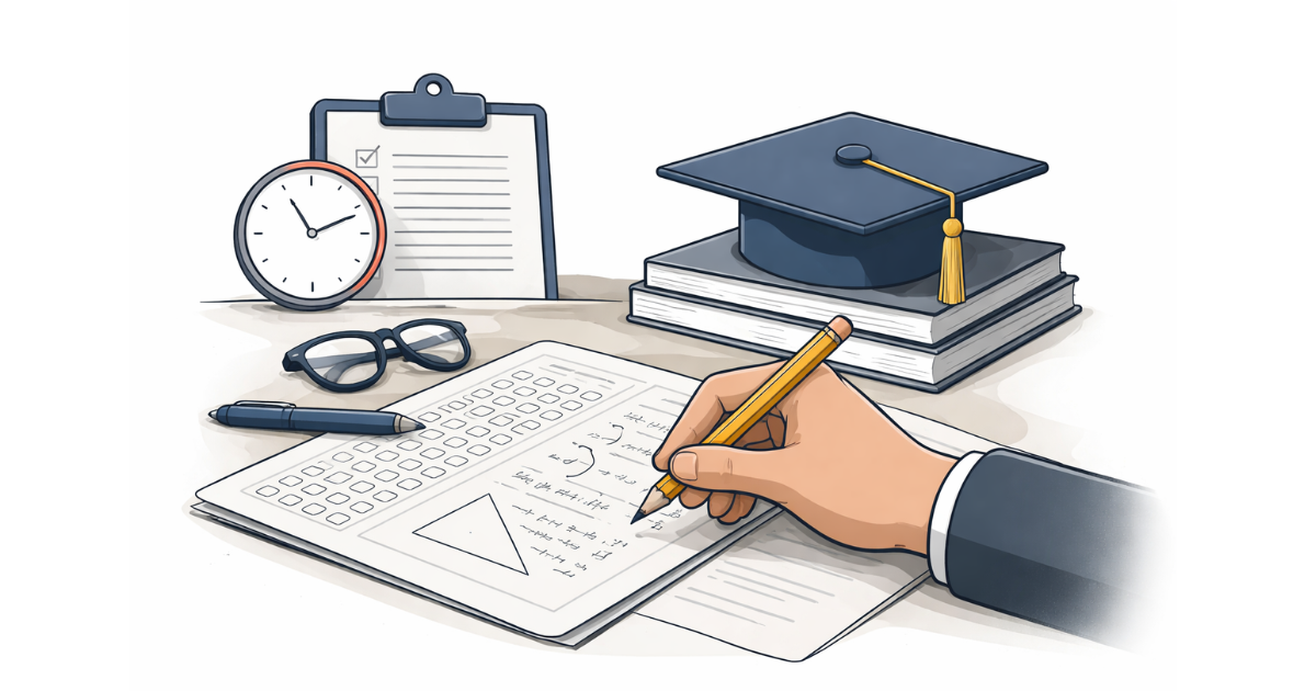 Students writing the CBSE Class 10 and 12 Board Exam 2026 inside an examination hall on February 18, seated in rows and focused on their question papers.