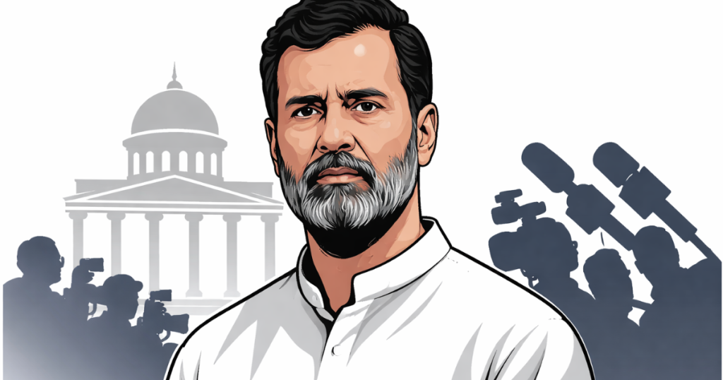 Rahul Gandhi arriving at Sultanpur district court amid tight security, with Congress leaders and supporters gathered outside during the 2018 defamation case hearing in Uttar Pradesh.