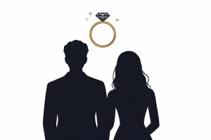 Minimal editorial illustration of two silhouetted figures standing side by side with a subtle wedding ring symbol above them, on a white background.