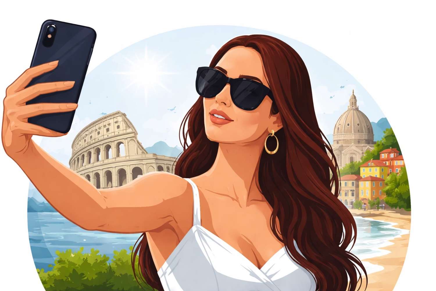 Malaika Arora taking a selfie during her Italy vacation with a scenic European backdrop.