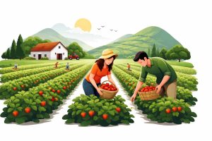 Visitors picking fresh strawberries at a farm in Mahabaleshwar during the harvest season, with rows of red fruit plants and green hills in the background.
