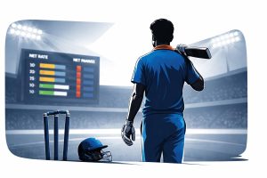 Indian cricket players walking off the field after a T20 World Cup 2026 Super 8 match, with a stadium scoreboard visible in the background showing updated points and net run rate.