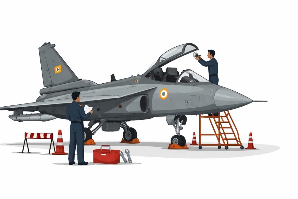 Indian Air Force Tejas light combat aircraft parked on runway during routine ground operations as safety inspections are conducted following a precautionary review.