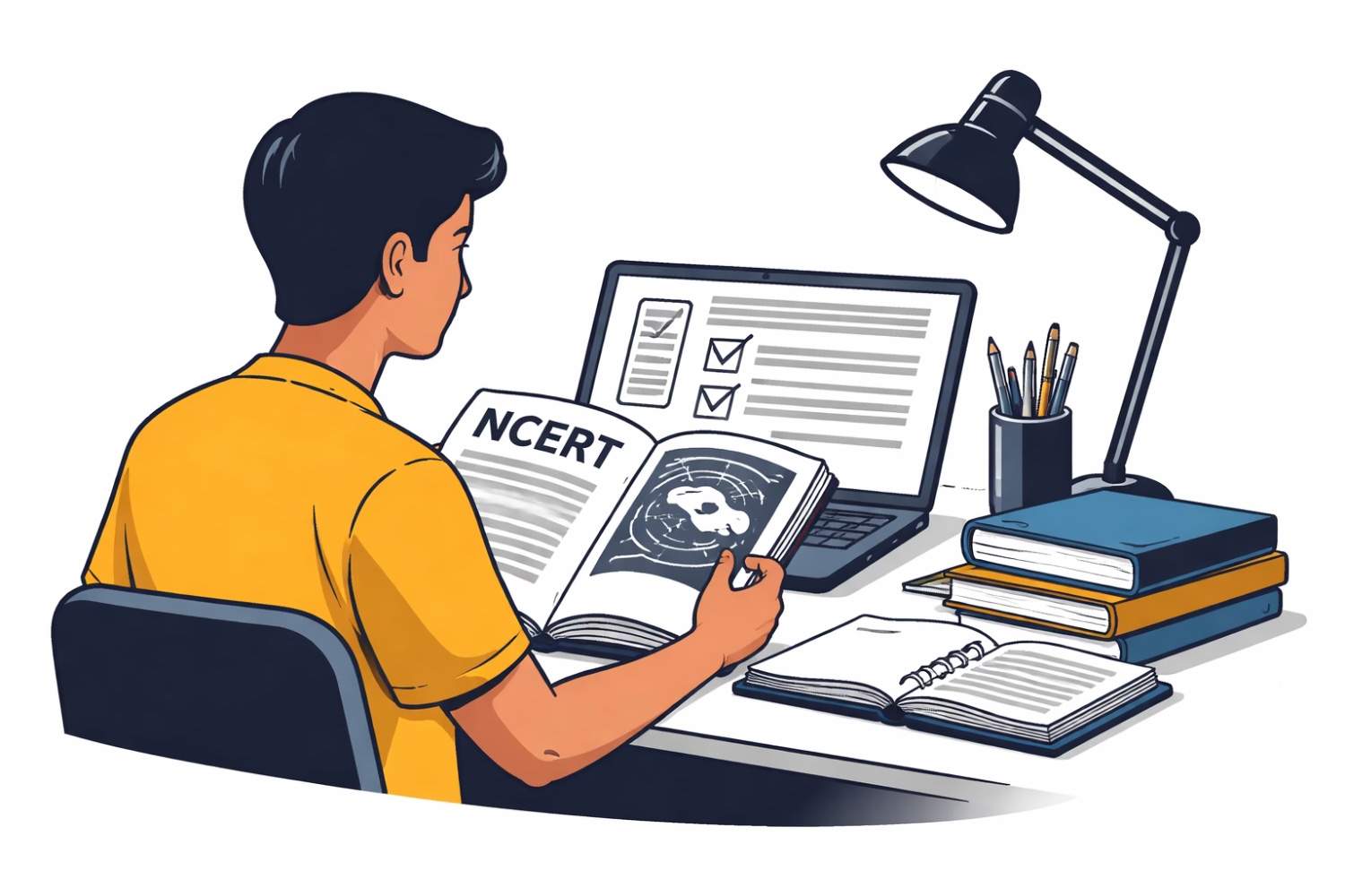 Student holding an NCERT textbook while reading updated syllabus information on a laptop at a study desk in an Indian home setting.