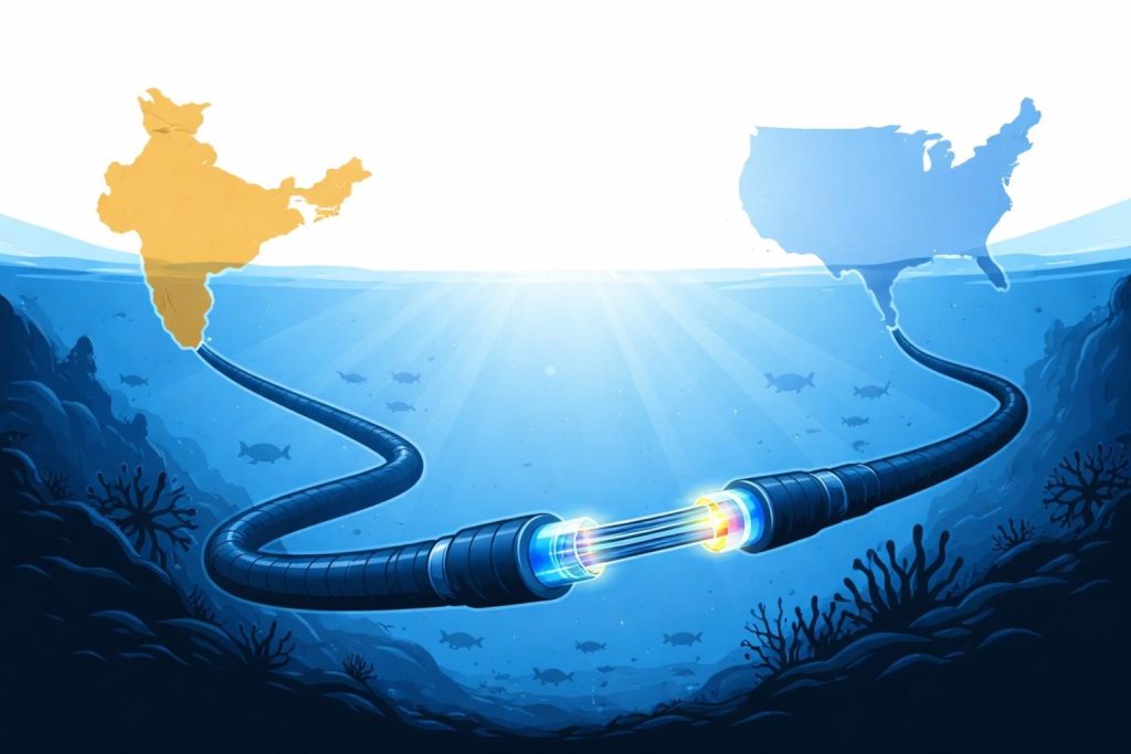 Illustration of an undersea fiber optic cable running across the ocean floor connecting India and the United States, symbolizing high-speed global internet connectivity.